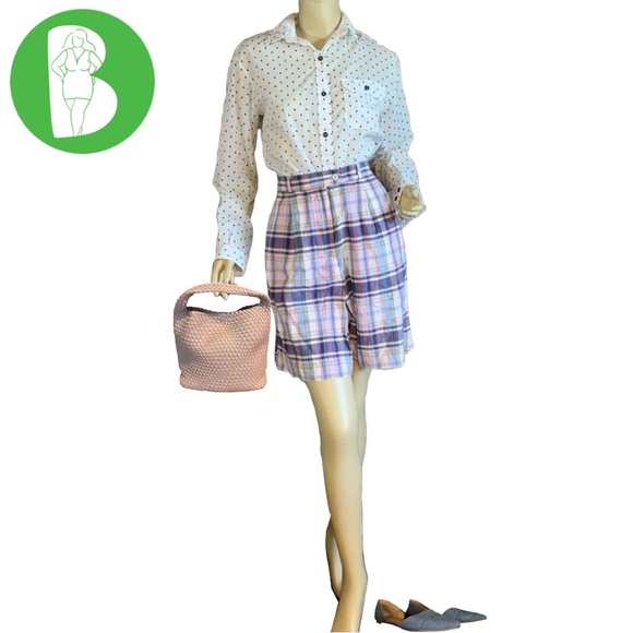 VINTAGE 1990'S TALBOTS PINK & BLUE PLAID COTTON HIGH WAIST SHORTS (12) - Picture 1 of 13